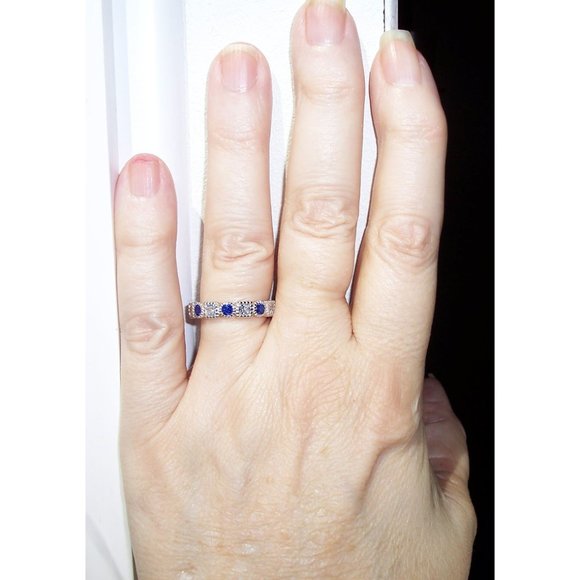 925 STERLING SILVER Blue Spinel & Clear CZ Bezel Set Eternity Band Ring - Picture 2 of 14